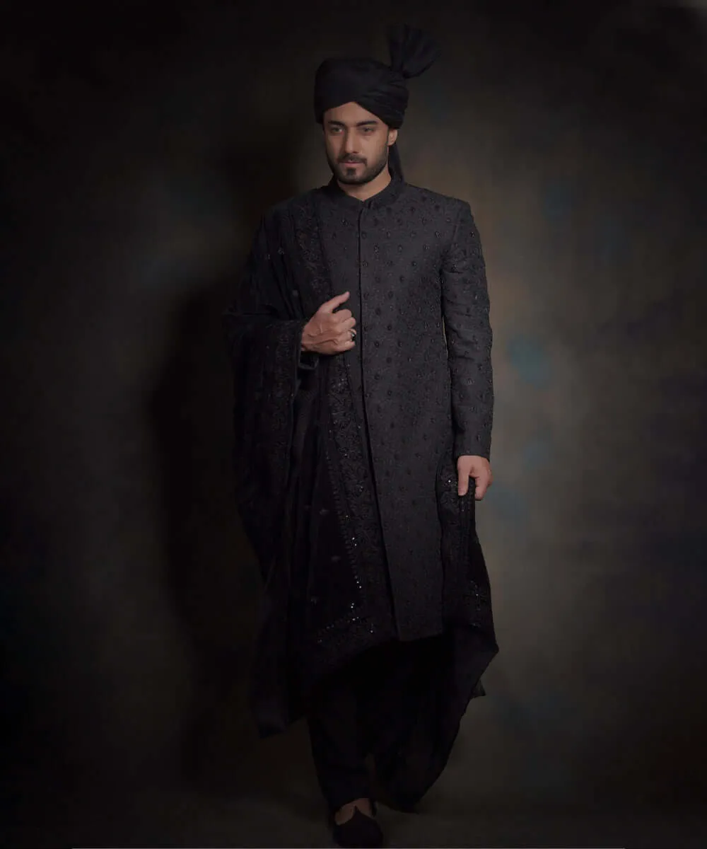 Elegant Jet Black Heavily Embroidered Pakistani Groom Sherwani