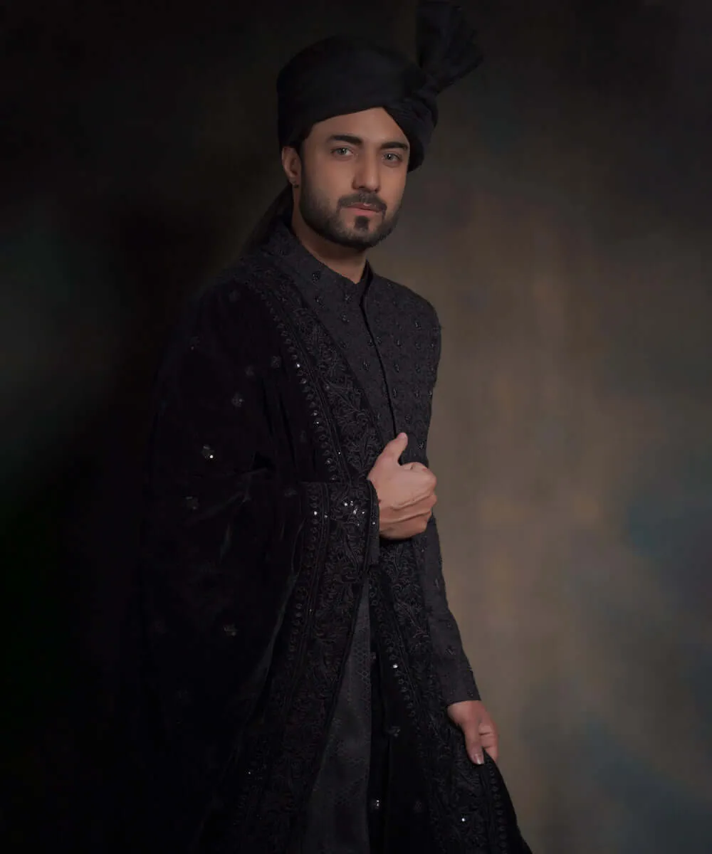 Elegant Jet Black Heavily Embroidered Pakistani Groom Sherwani