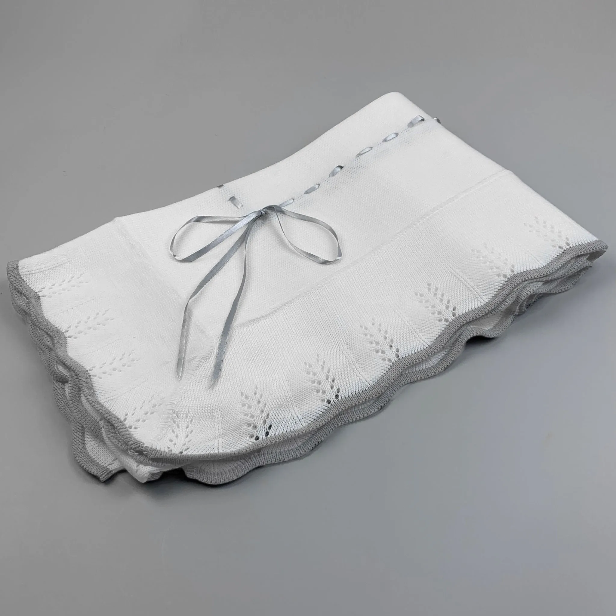 Elegant Portuguese Knitted Baby Shawl with Grey Trim