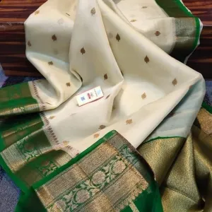 Elegant White-Green Banarasi Semi Kora Organza Wedding event Saree