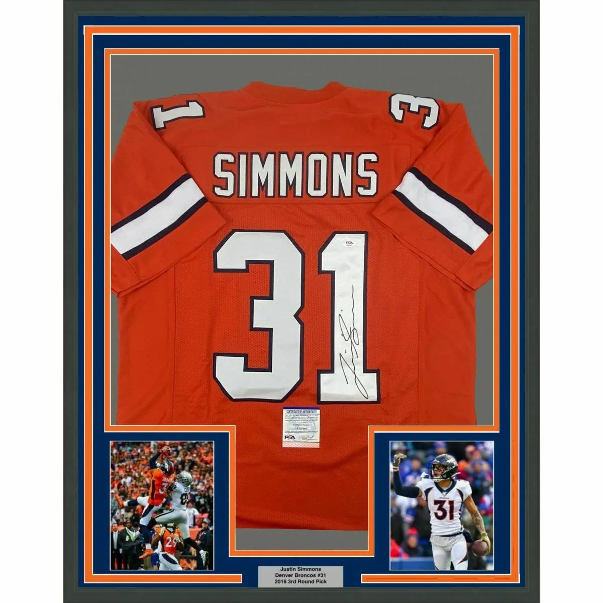 FRAMED Autographed/Signed JUSTIN SIMMONS 33x42 Retro Orange Jersey PSA COA