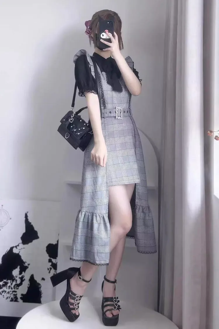 Grey Sleeveless Plaid Print Ruffle Slim Elegant Irregular Jirai Kei Dress