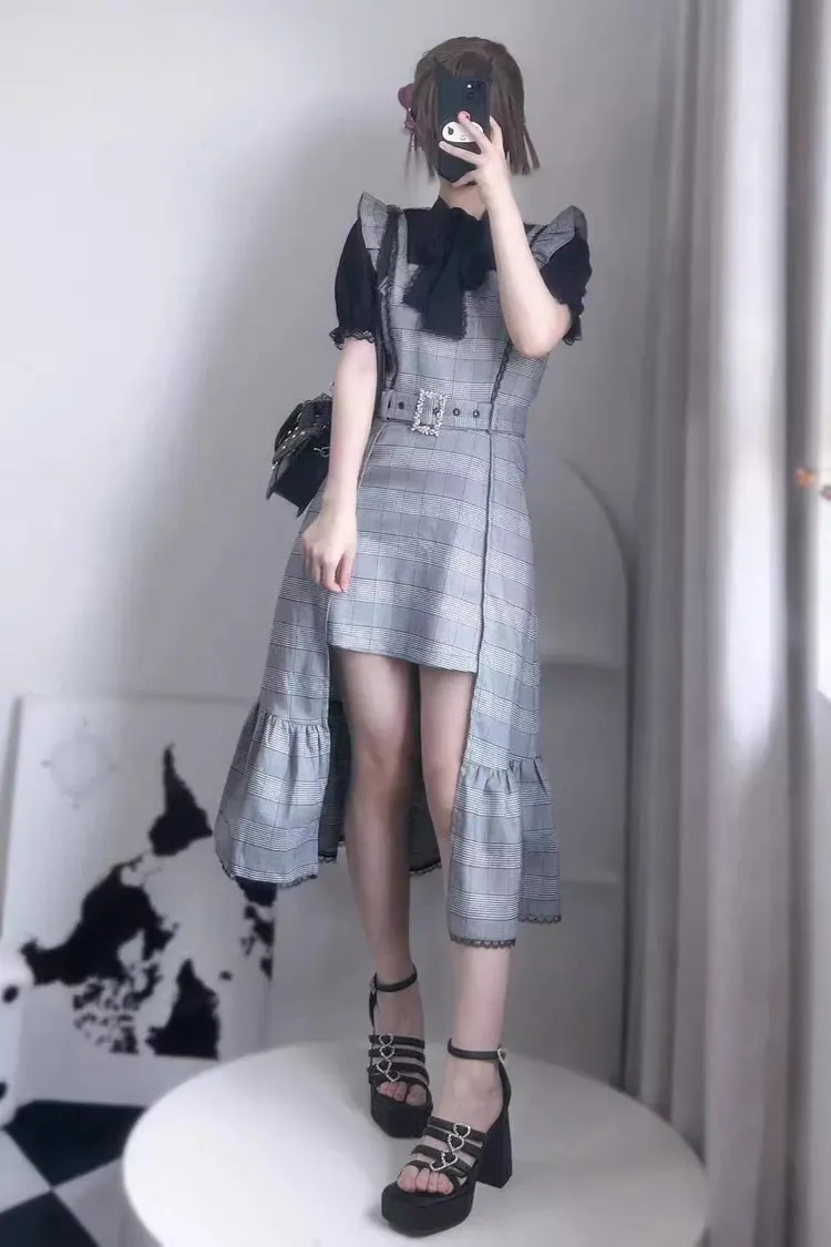 Grey Sleeveless Plaid Print Ruffle Slim Elegant Irregular Jirai Kei Dress