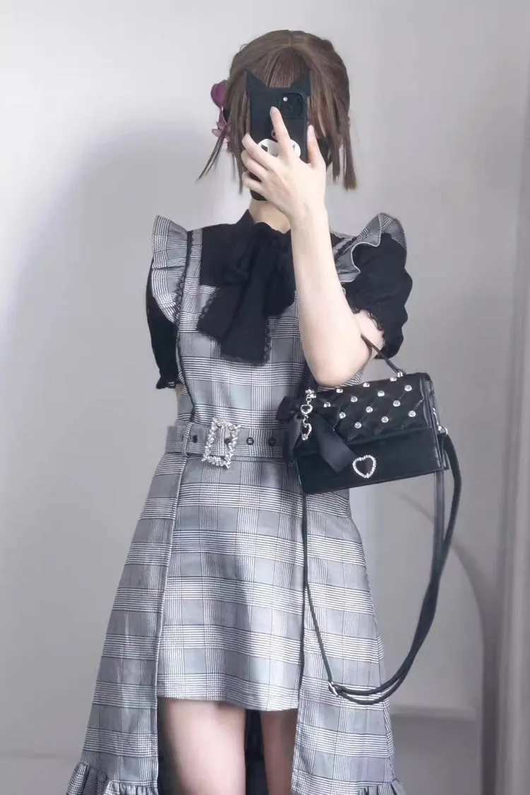 Grey Sleeveless Plaid Print Ruffle Slim Elegant Irregular Jirai Kei Dress