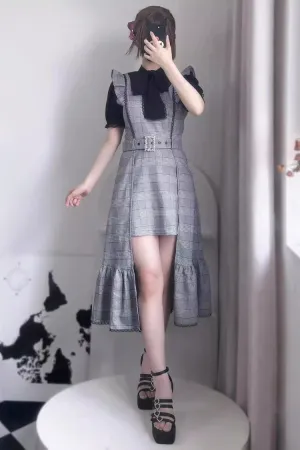 Grey Sleeveless Plaid Print Ruffle Slim Elegant Irregular Jirai Kei Dress