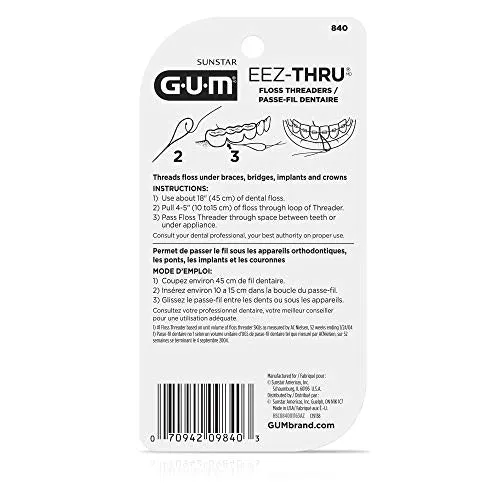 GUM EEZ-Thru Floss Threaders, Dental Flossers for Braces, Bridges, & Implants, 25 Count