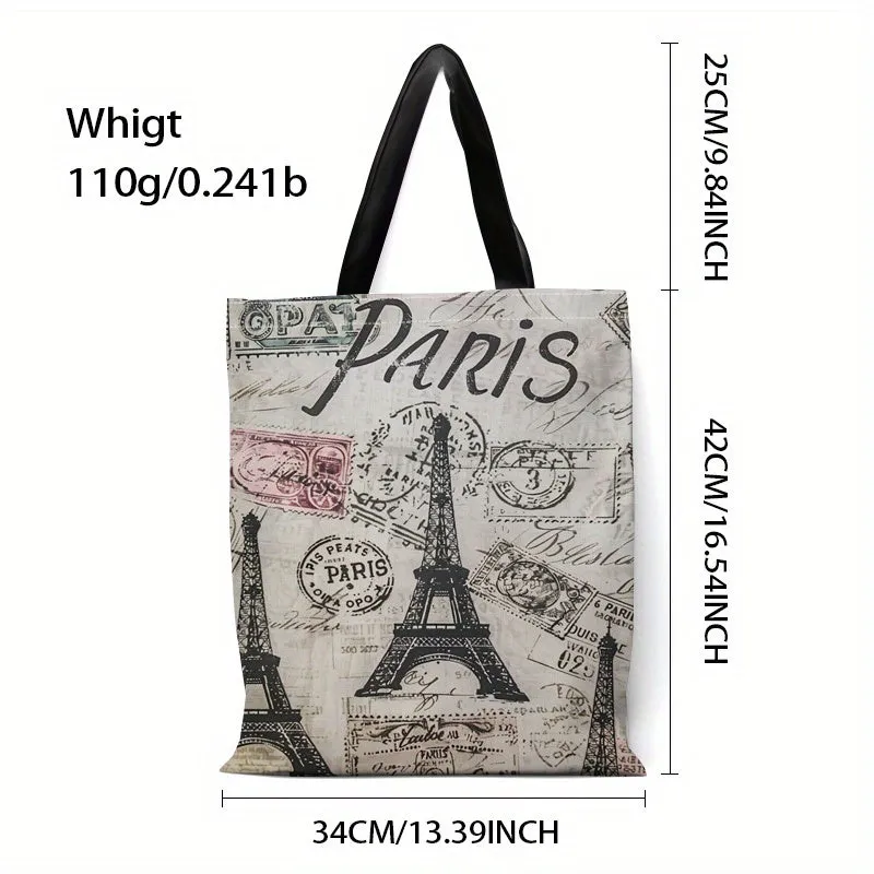 Large Parisian Canvas Tote with Eiffel Tower & Vintage Stamps Design