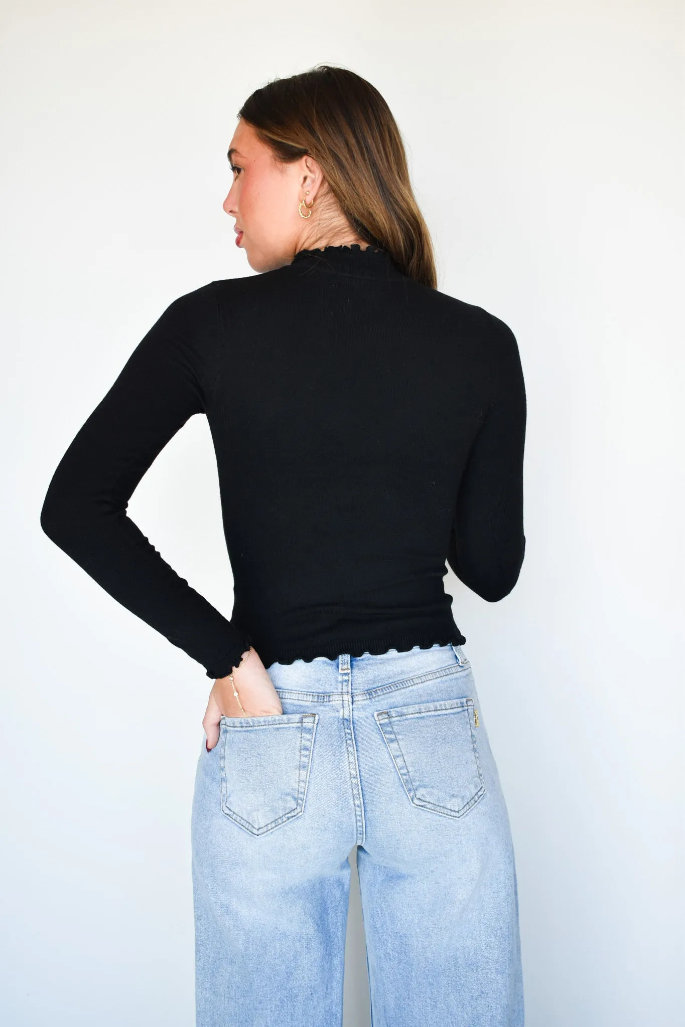 Lettuce Hem Mock Neck- Black