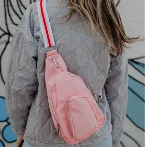 Light Pink Solid Sling Bag with Striped Strap