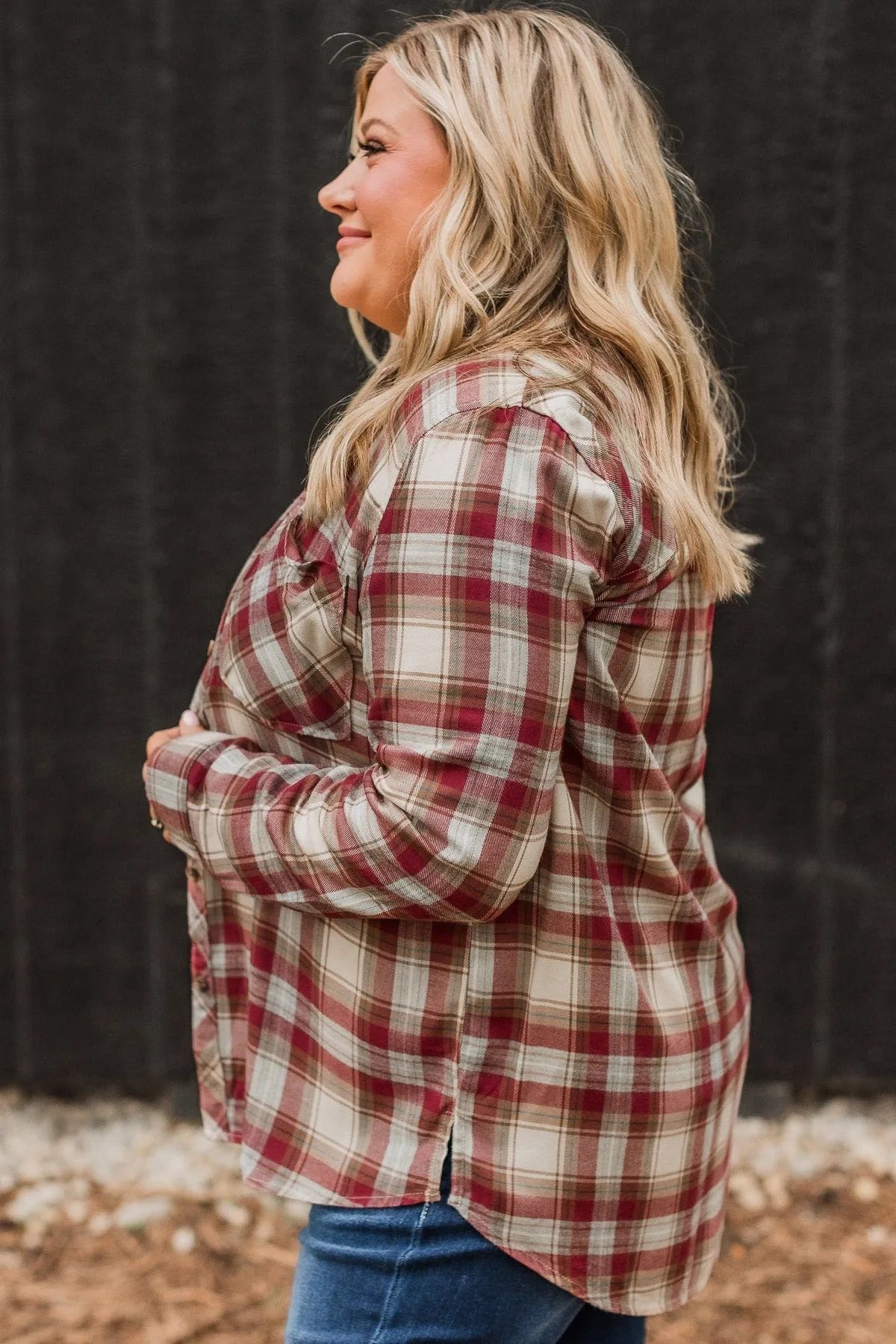 Locked Gaze Plaid Button Top- Wine