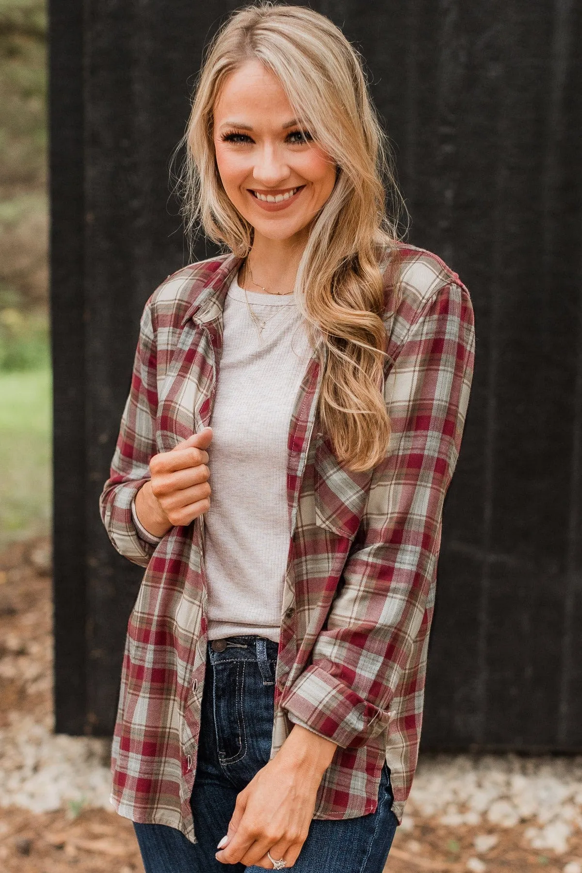 Locked Gaze Plaid Button Top- Wine