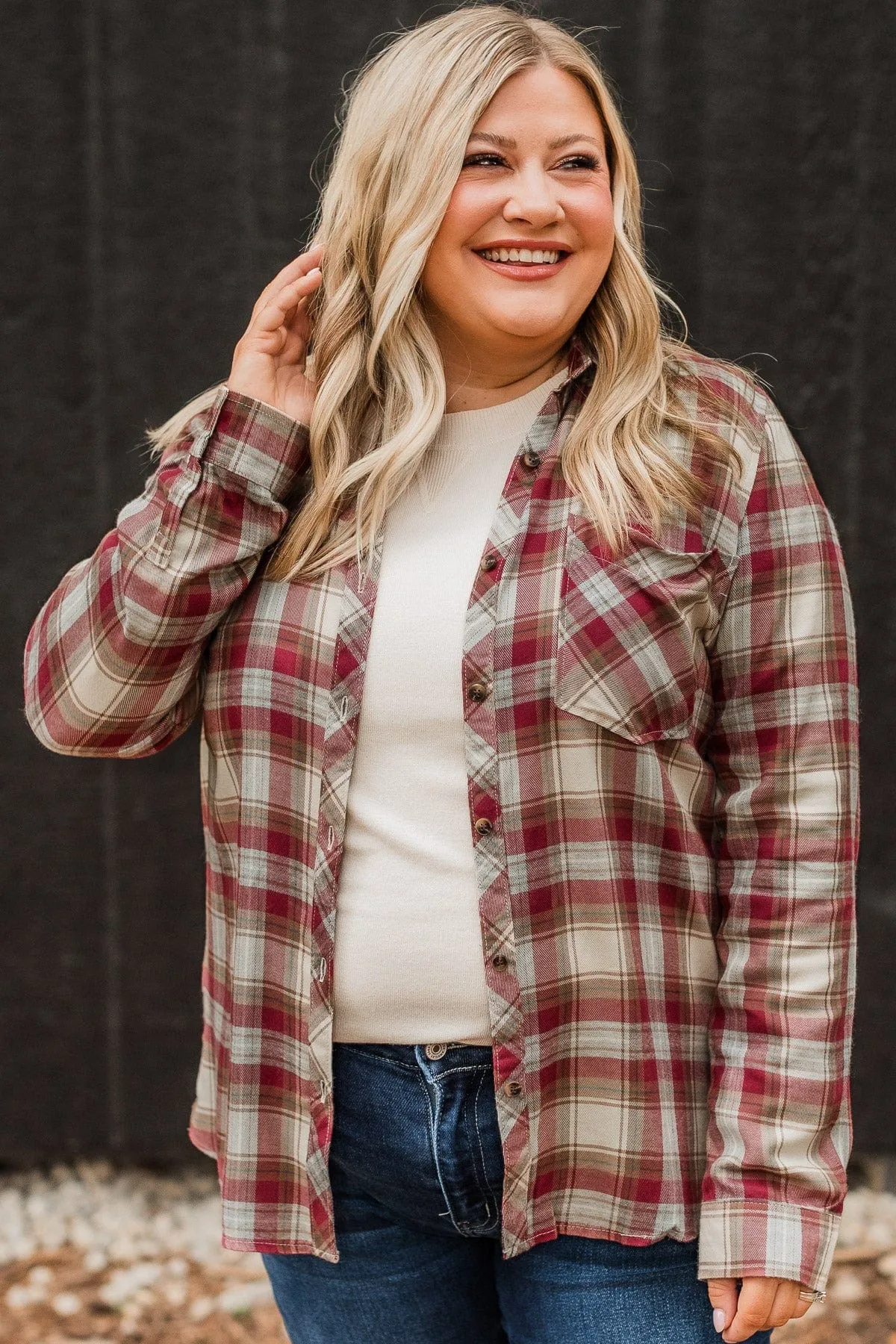 Locked Gaze Plaid Button Top- Wine