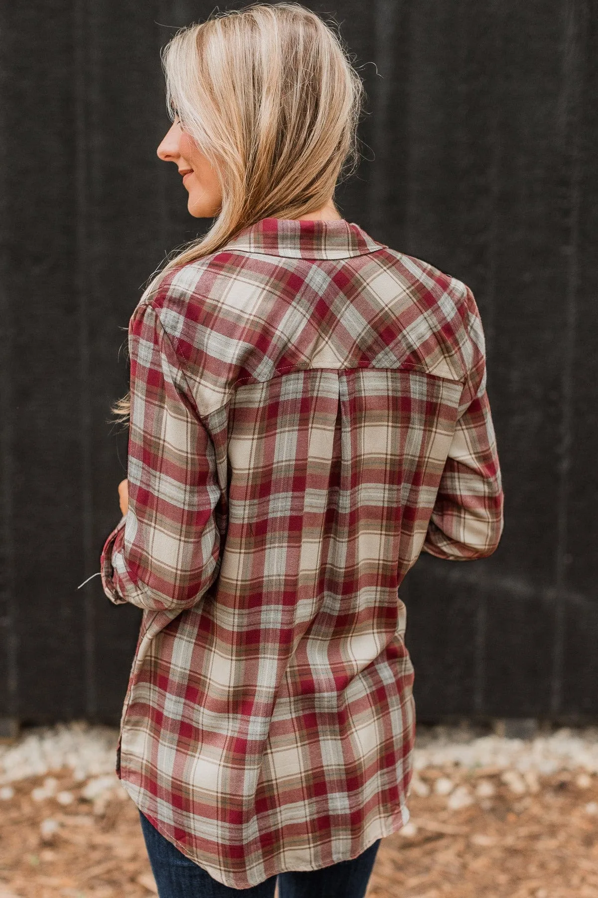 Locked Gaze Plaid Button Top- Wine
