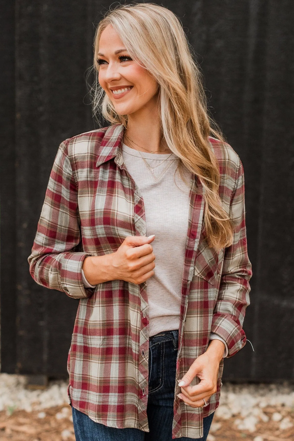 Locked Gaze Plaid Button Top- Wine