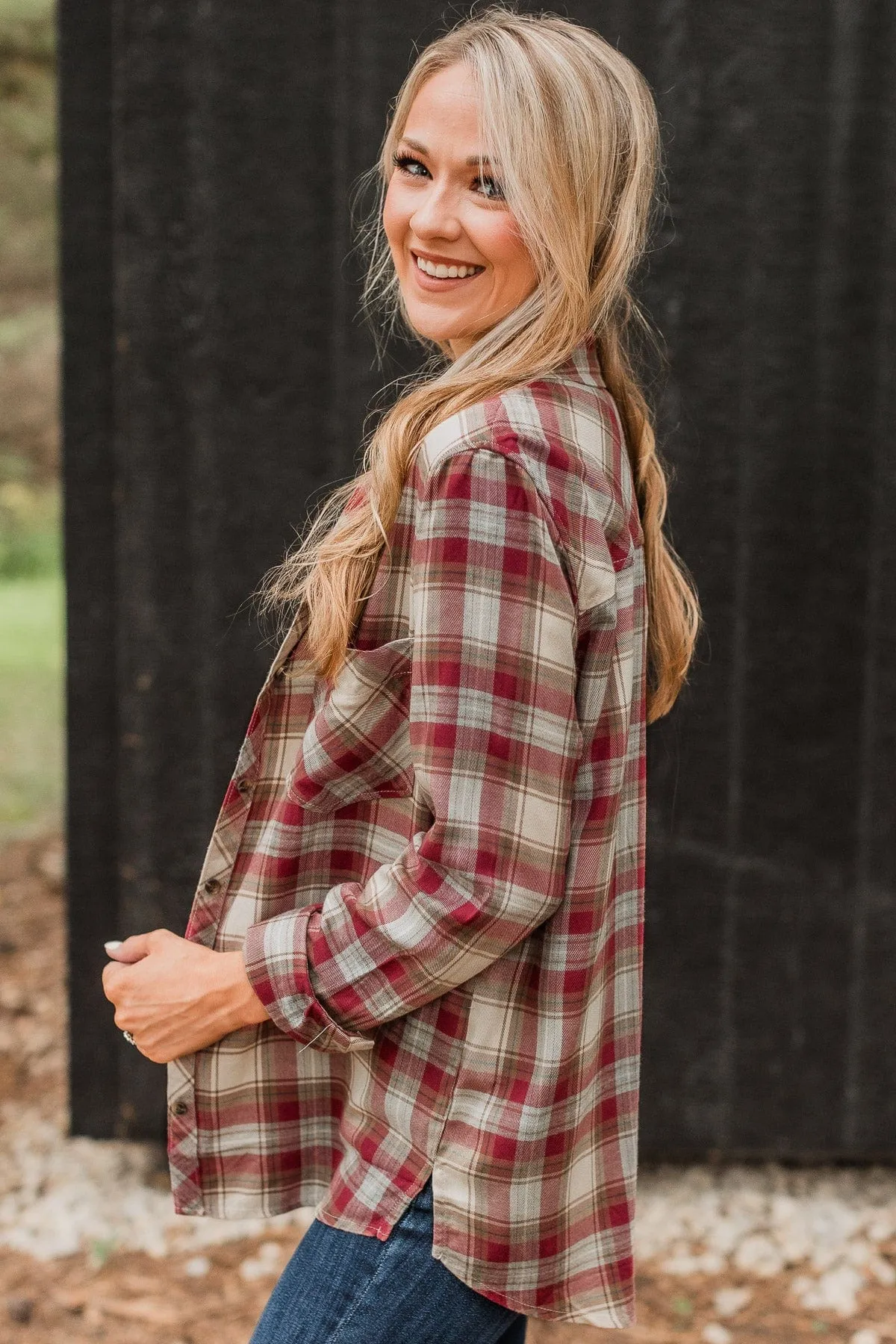 Locked Gaze Plaid Button Top- Wine