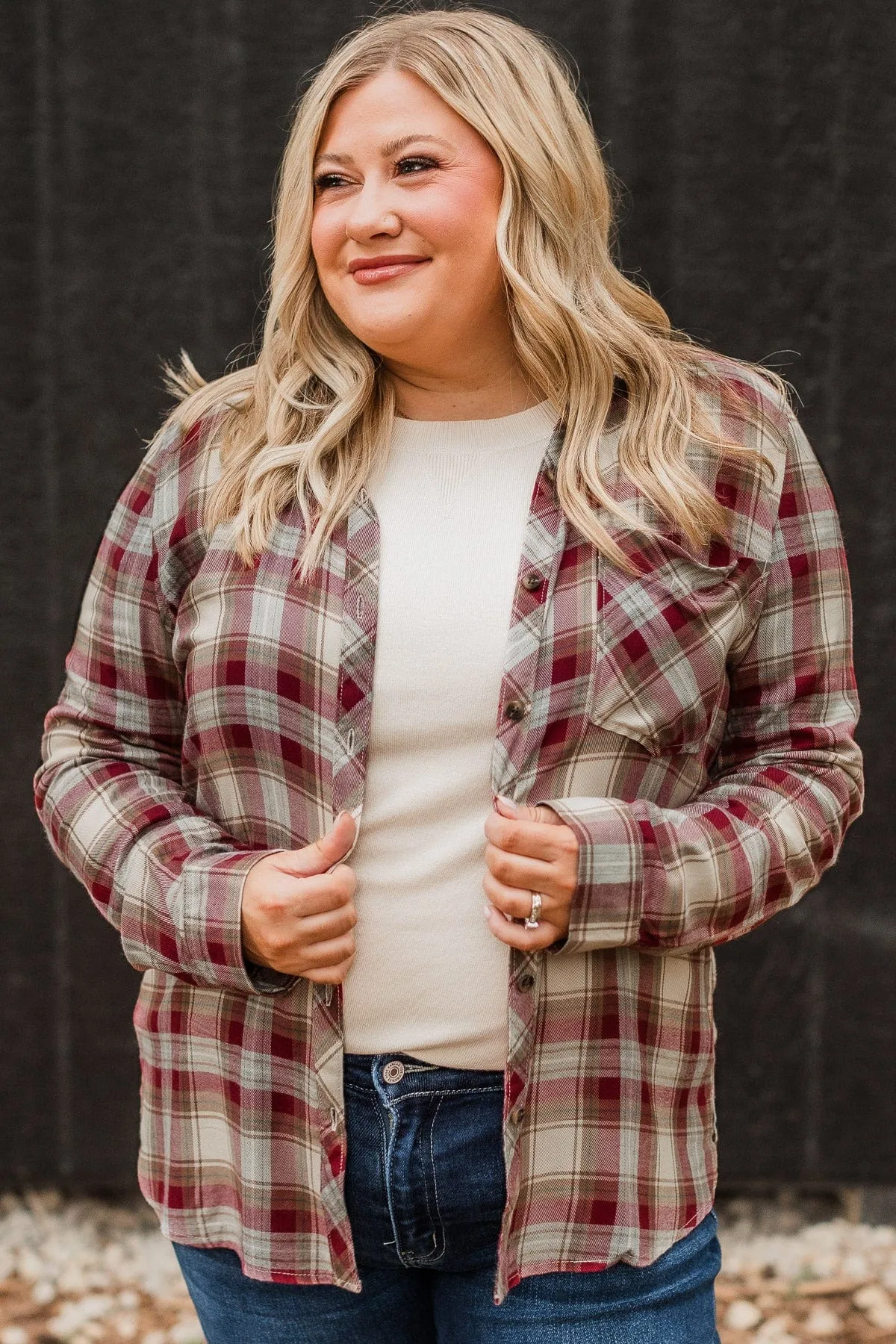 Locked Gaze Plaid Button Top- Wine