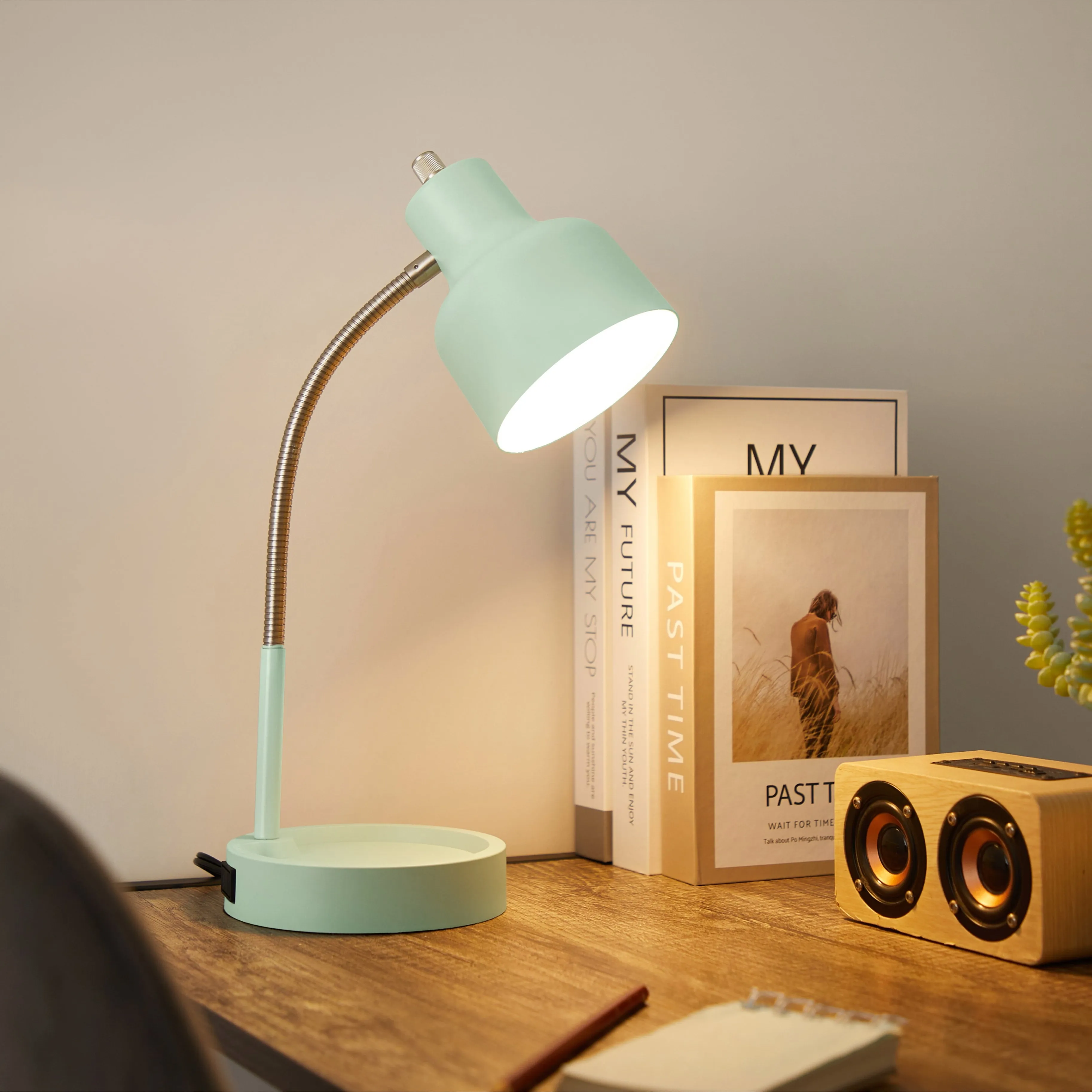 Mainstays LED Desk Lamp with Catch-All Base & AC Outlet, Matte Mint Green