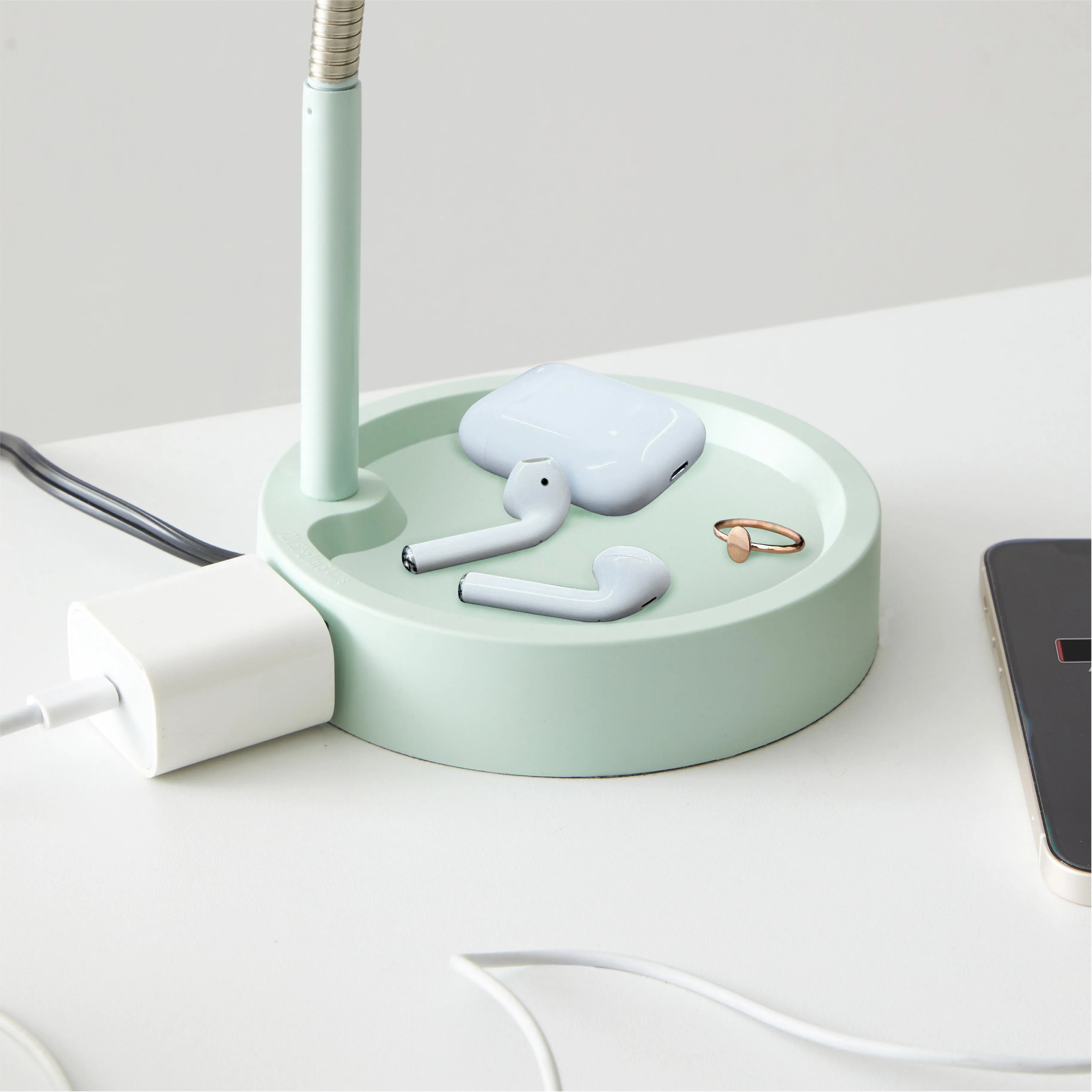Mainstays LED Desk Lamp with Catch-All Base & AC Outlet, Matte Mint Green