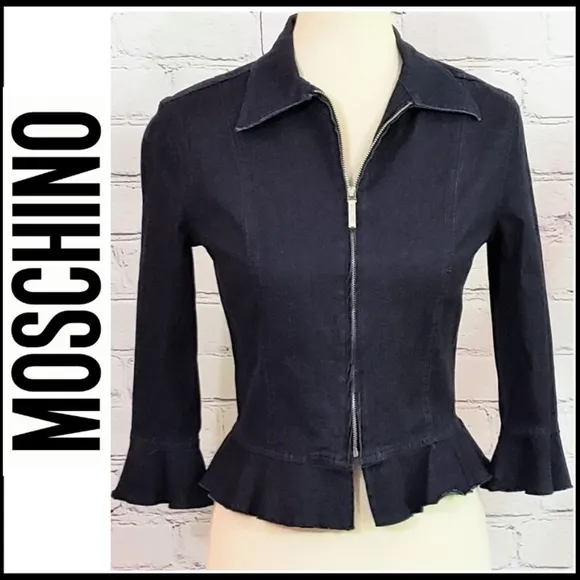 Moschino Front Zip Lightweight, Fitted Denim Ruffle Jacket Blazer, Size 8