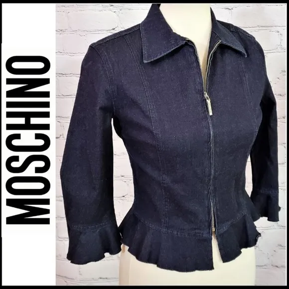 Moschino Front Zip Lightweight, Fitted Denim Ruffle Jacket Blazer, Size 8