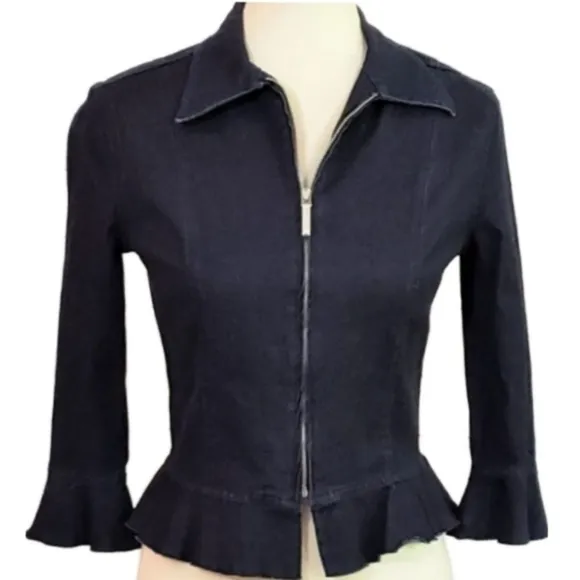 Moschino Front Zip Lightweight, Fitted Denim Ruffle Jacket Blazer, Size 8