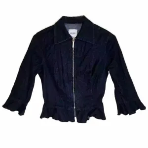 Moschino Front Zip Lightweight, Fitted Denim Ruffle Jacket Blazer, Size 8