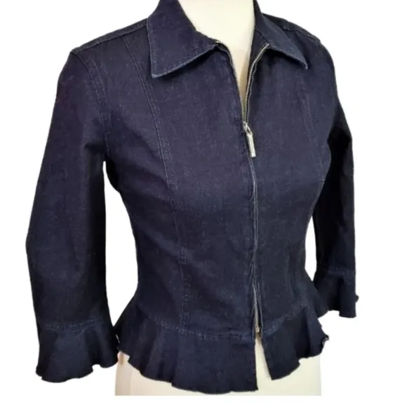 Moschino Front Zip Lightweight, Fitted Denim Ruffle Jacket Blazer, Size 8