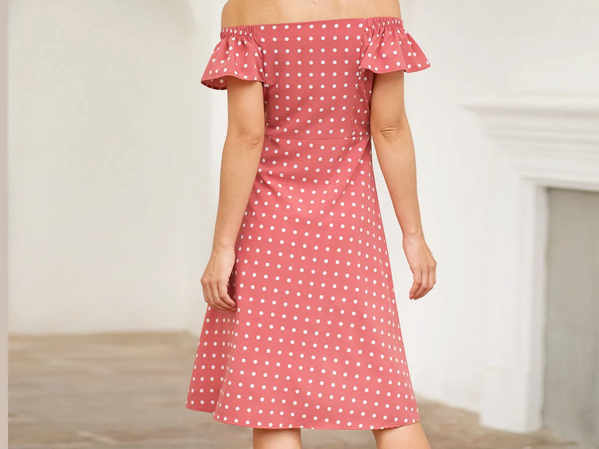 New Ruffled Short Sleeve One-Shoulder Single-Piece Polka Dot Print Slim Dress