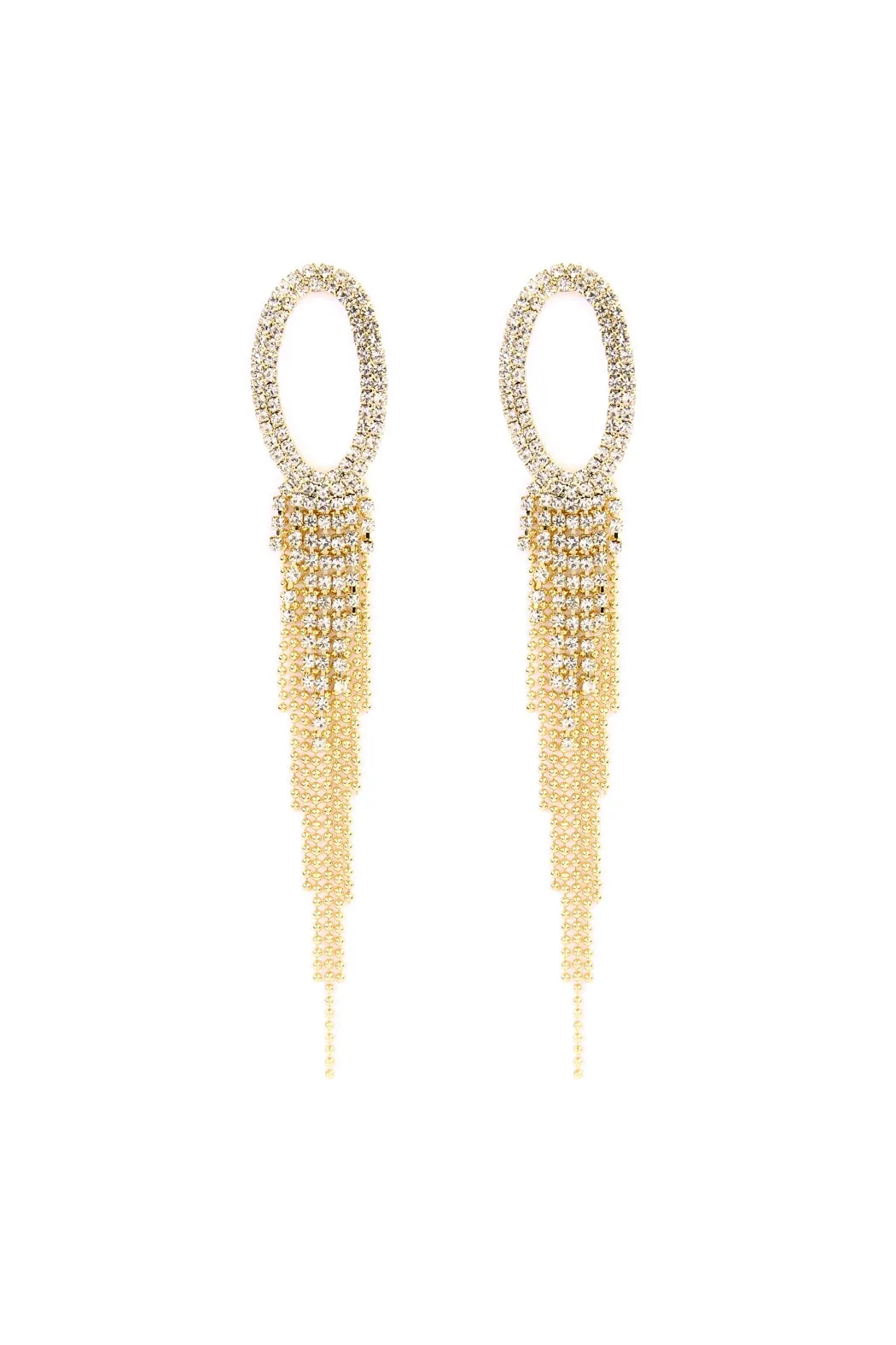 OVAL RHINESTONE TASSEL DROP EARRINGS