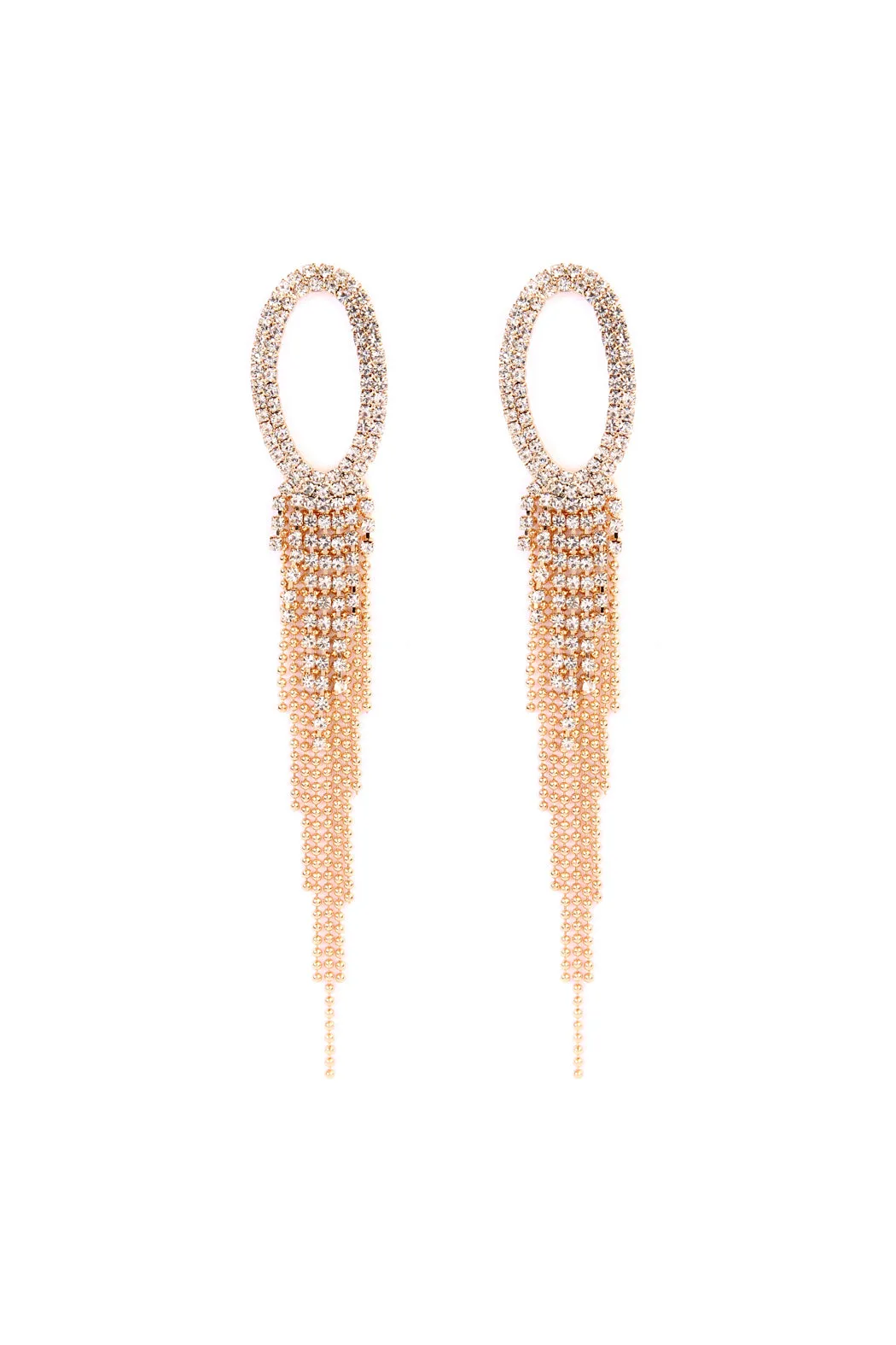 OVAL RHINESTONE TASSEL DROP EARRINGS