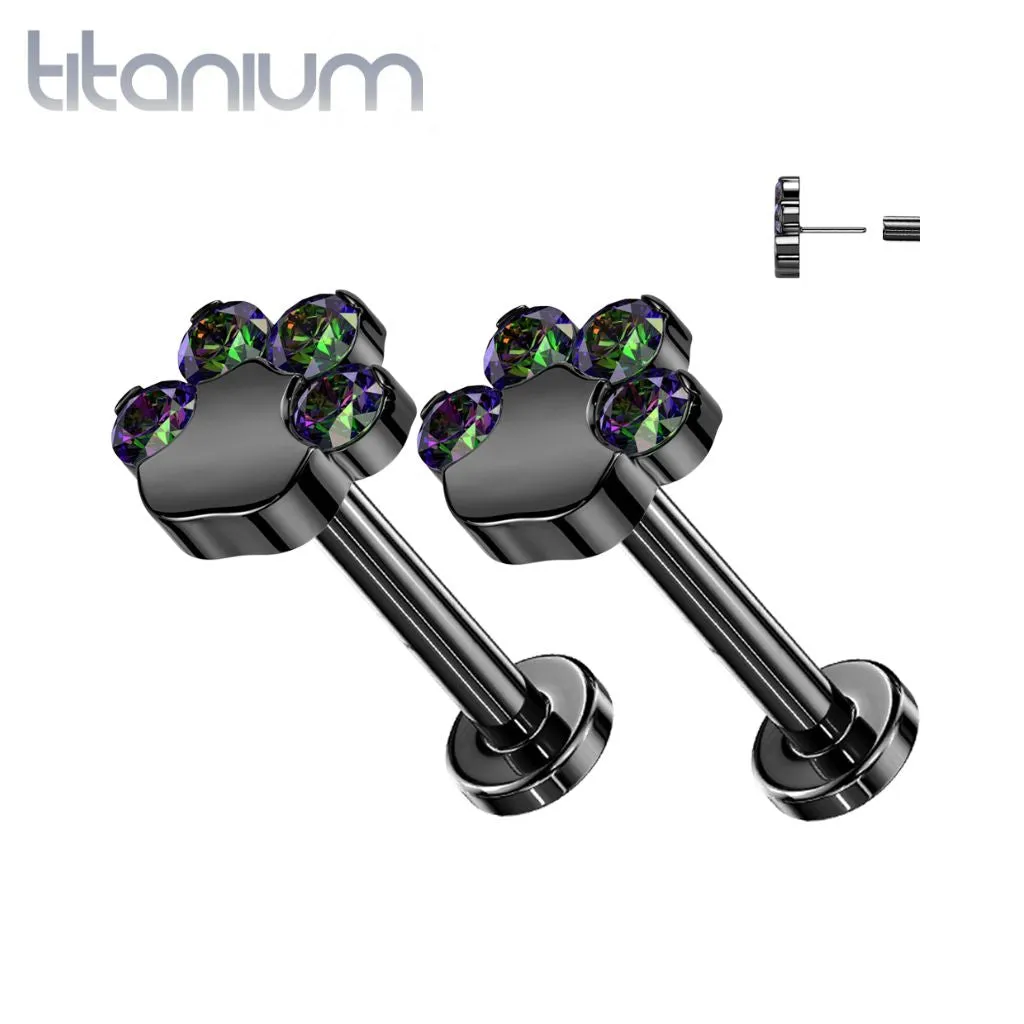 Pair of Implant Grade Titanium Black PVD Paw Print VM CZ Push In Threadless Earrings With Flat Back