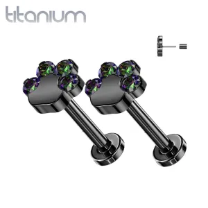 Pair of Implant Grade Titanium Black PVD Paw Print VM CZ Push In Threadless Earrings With Flat Back