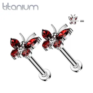 Pair of Implant Grade Titanium Red CZ Large Butterfly Threadless Push In Earrings With Flat Back