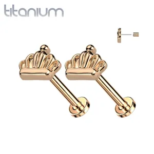 Pair of Implant Grade Titanium Rose Gold PVD Large Crown Push In Earrings With Flat Back