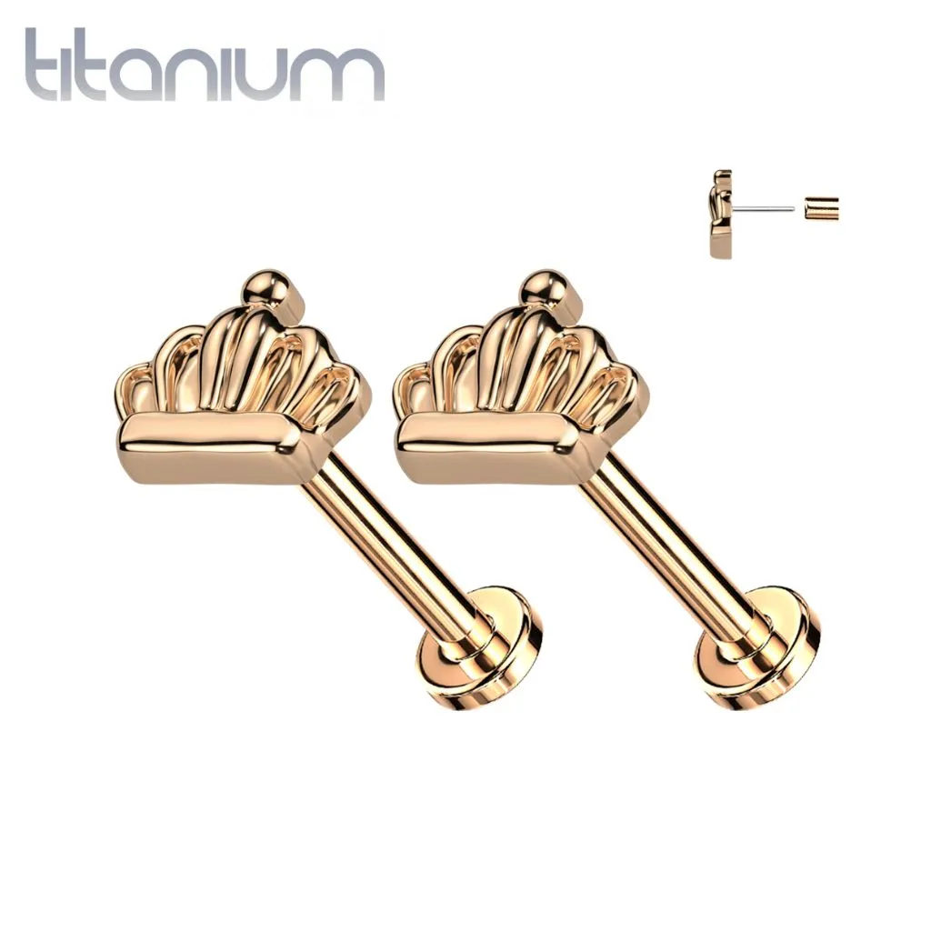 Pair of Implant Grade Titanium Rose Gold PVD Large Crown Push In Earrings With Flat Back