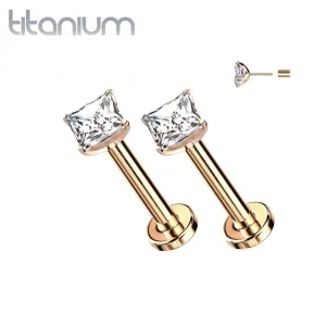 Pair Of Implant Grade Titanium Rose Gold PVD Square White CZ Gem Threadless Push In Earring Studs With Flat Back