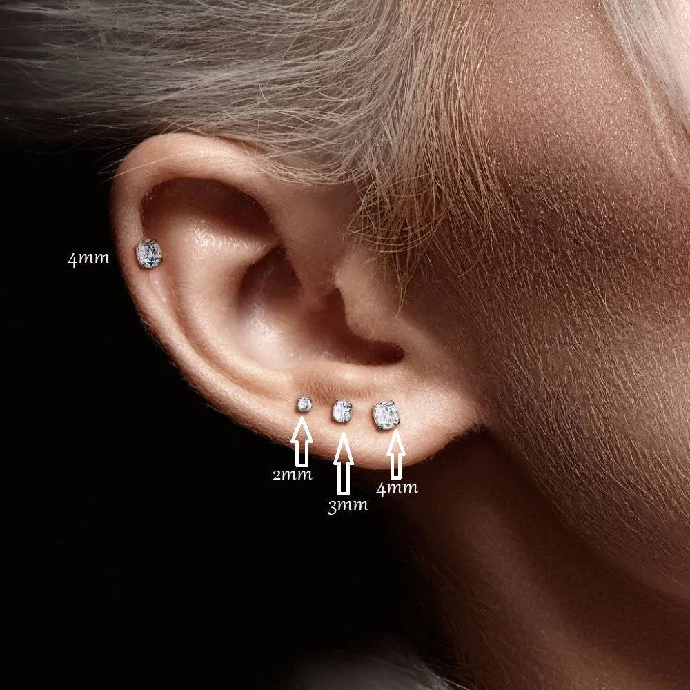 Pair of Implant Grade Titanium Threadless Stud White Bezel Earrings with Flat Back