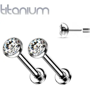 Pair of Implant Grade Titanium Threadless Stud White Bezel Earrings with Flat Back