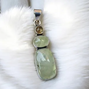 Prehnite & Citrine Solid 925 Sterling Silver Pendant