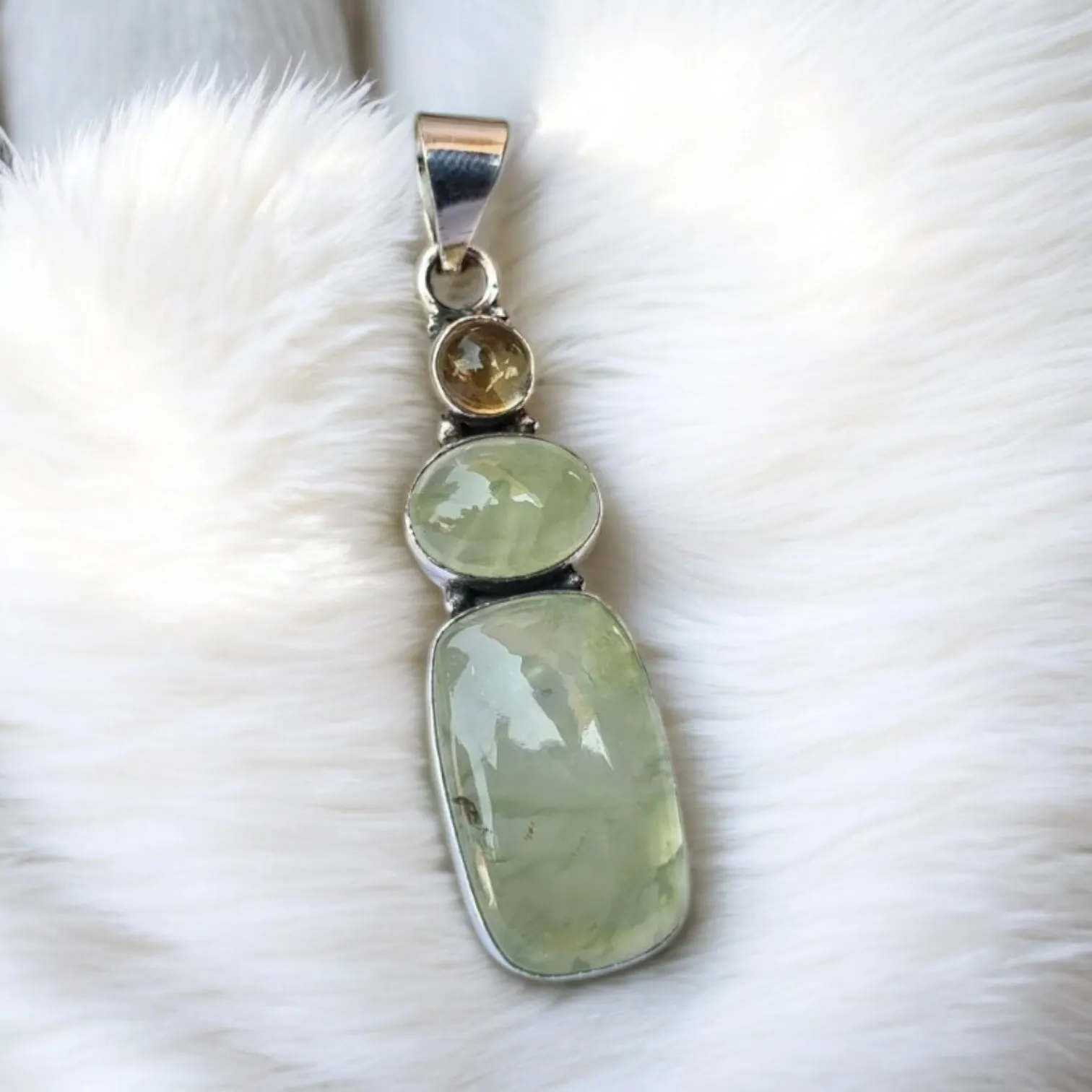 Prehnite & Citrine Solid 925 Sterling Silver Pendant