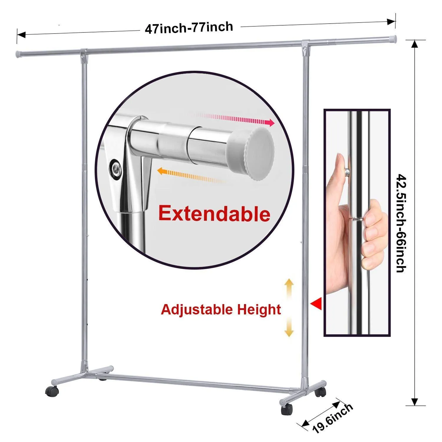 Reliancer Heavy Duty Large Garment Rack Stainless Steel Clothes Drying Rack Commercial Grade Extendable 47-77inch Clothes Rack Adjustable Clothes Hanger Rolling Rack with 4 Casters Tool Golves 10 Hook