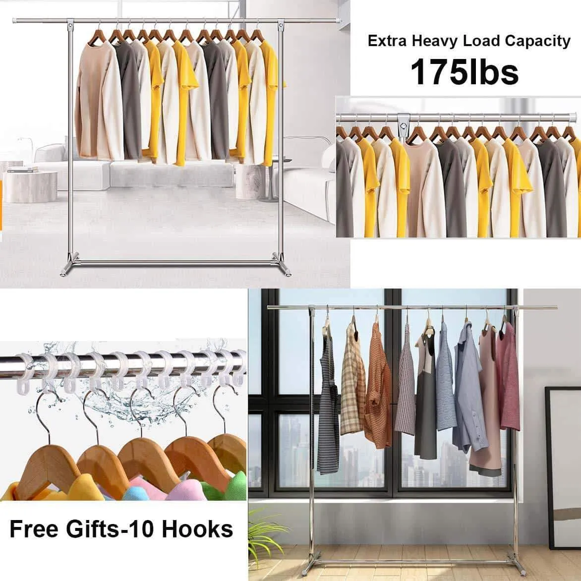 Reliancer Heavy Duty Large Garment Rack Stainless Steel Clothes Drying Rack Commercial Grade Extendable 47-77inch Clothes Rack Adjustable Clothes Hanger Rolling Rack with 4 Casters Tool Golves 10 Hook