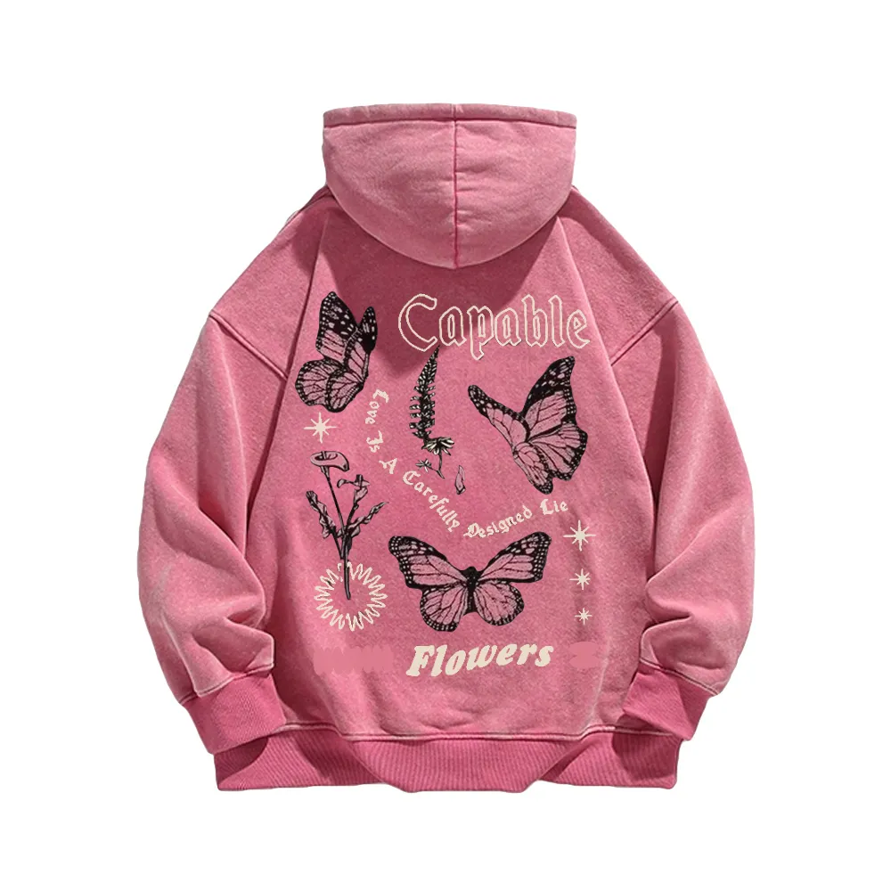 Retro Butterfly Letters Washed Hoodie