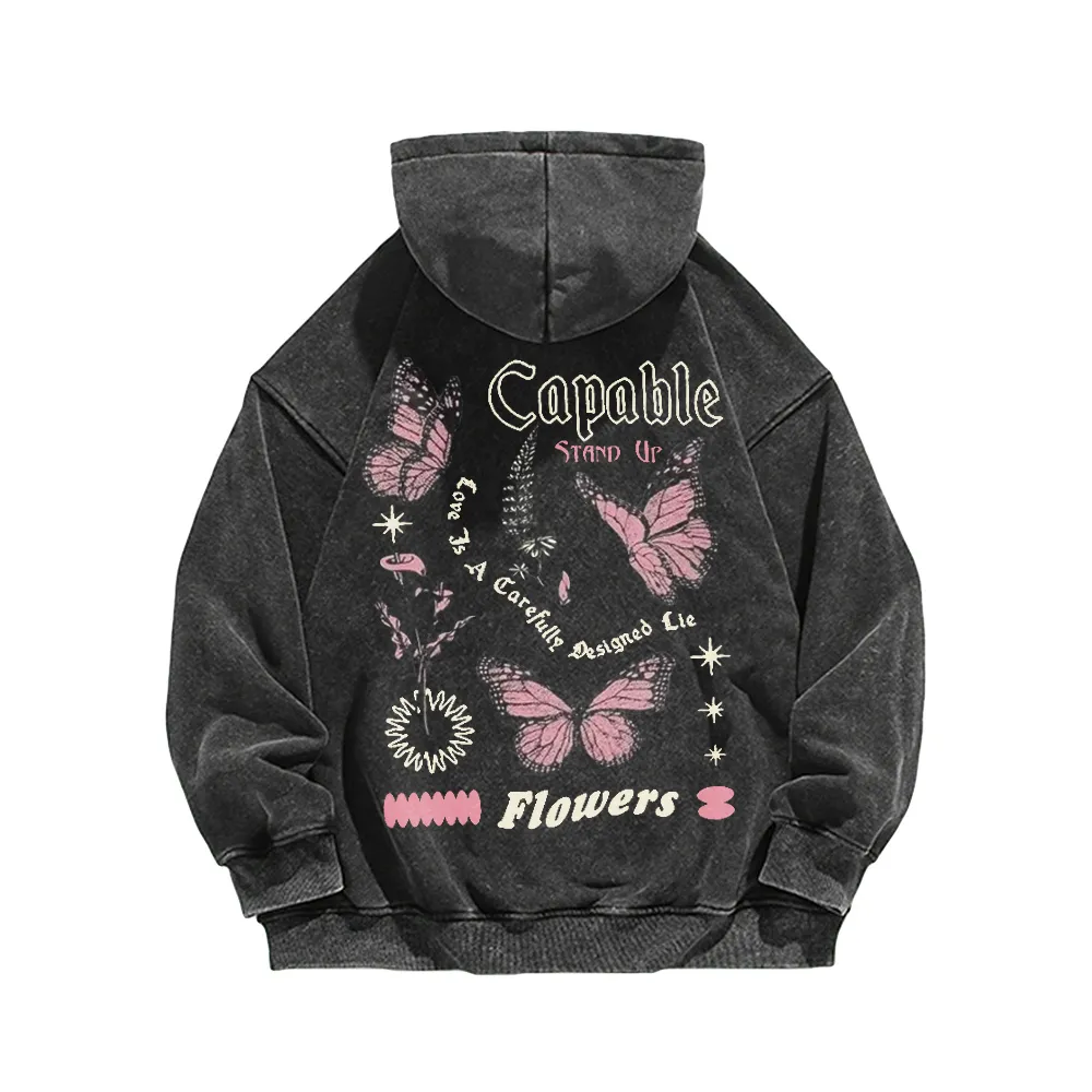 Retro Butterfly Letters Washed Hoodie