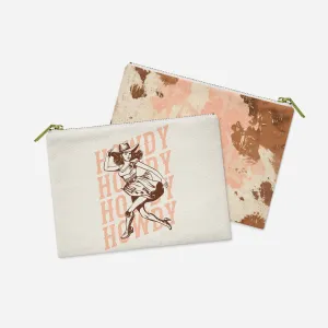 Retro Cowgirl Pouch - Zippered accessory with a playful cowgirl and chic cowhide pattern, the ultimate gift for sassy souls! | Wild West Chic Collection