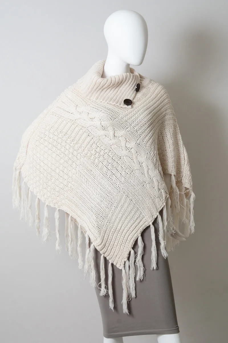 Samantha High Neck Tassel Poncho | Ivory