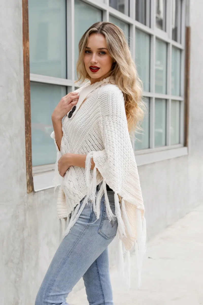 Samantha High Neck Tassel Poncho | Ivory