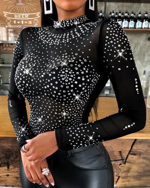 Sexy Skinny Black Shiny Studded Long Sleeve