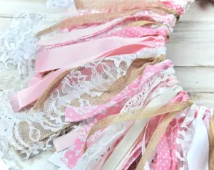 Shabby pink & burlap handmade fabric banner