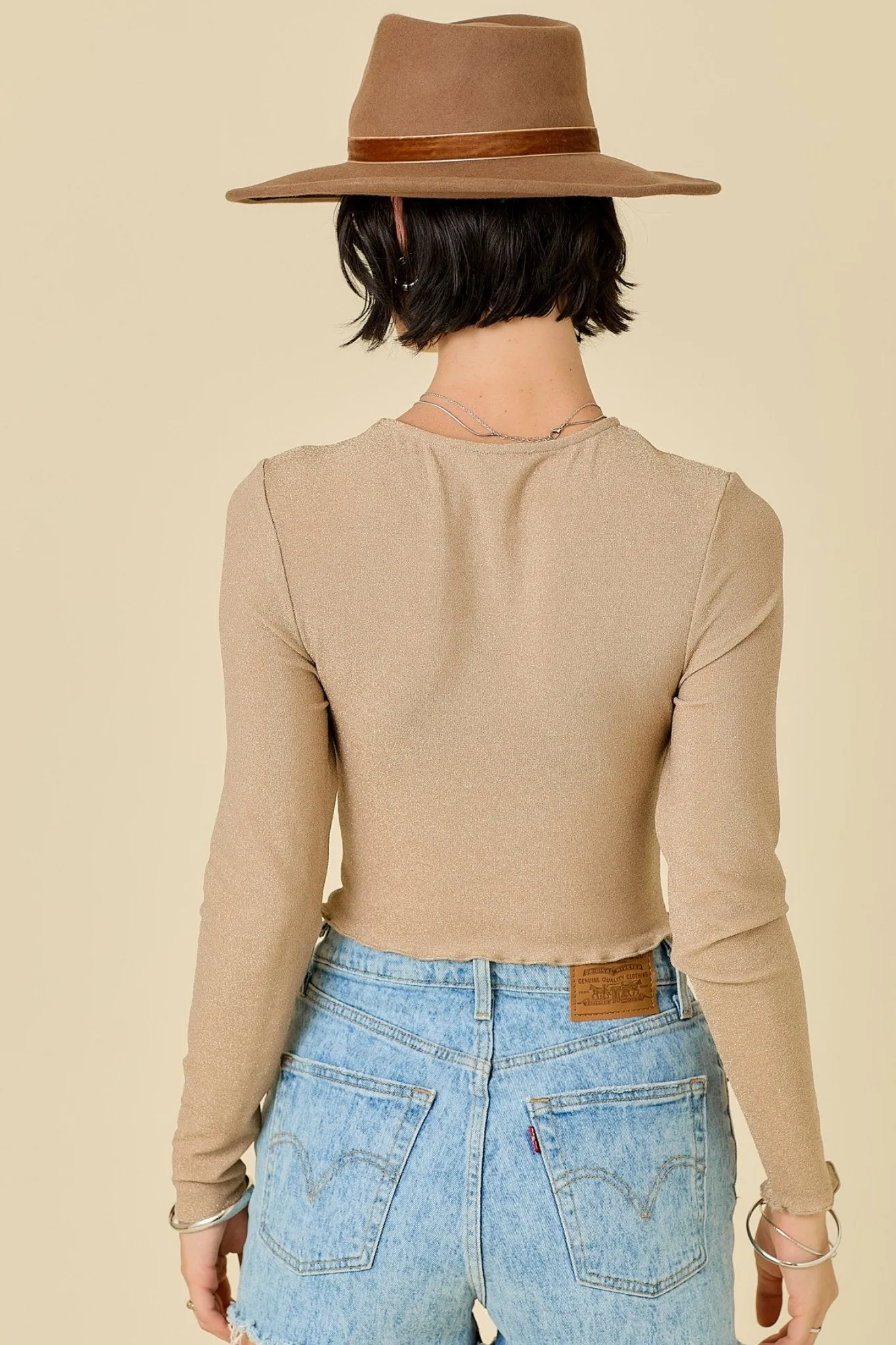 Shiny Long Sleeve Top in Champagne